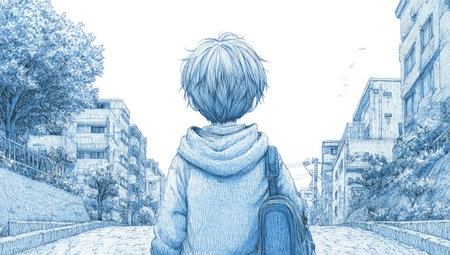 A boy with a backpack walks along the street in the city.の素材