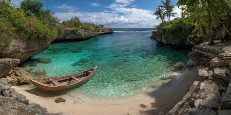 Panoramic view of a wooden boat on a beach in Bali, Indonesiaの素材
