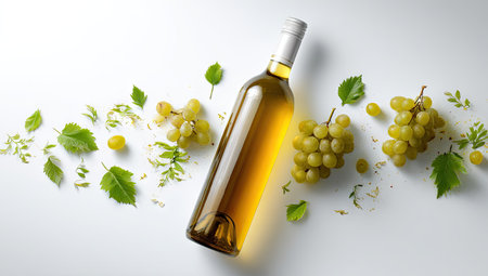 Bottle of white wine with grapes and green leaves on white backgroundの素材