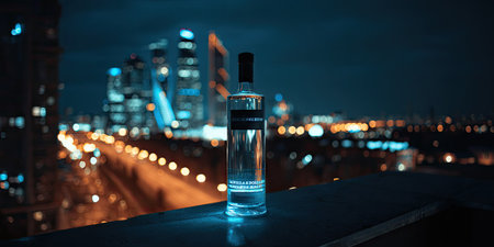 Glass medical ampoule on the background of the night city.の素材