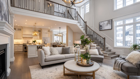 Luxury living room with white walls, beige sofa and wooden stairsの素材
