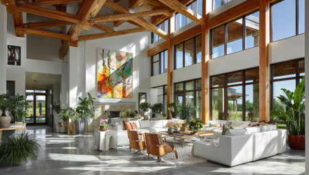 Interior of a modern living room with a white sofa and a glass wallの素材