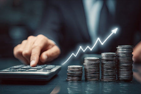 Investment concept, Coins graph stock market and Businessman hand using calculator for calculate about cost and growth.の素材