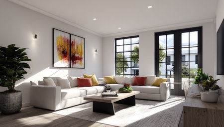 Modern bright interiors 3D rendering illustration computer generated image. Living roomの素材