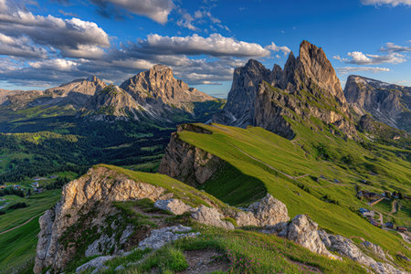 Alpe di Siusi or Seiser Alm with Sassolungo Langkofel Dolomites, South Tyrol, Italyの素材