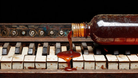 Pouring syrup from a bottle on an old piano keyboard. Black background.の素材