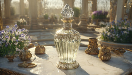 Beautiful antique glass bottle on the marble table in the garden.の素材