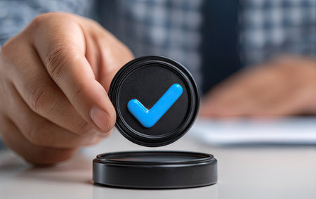 Male hand holding a black round box with a check mark on itの素材