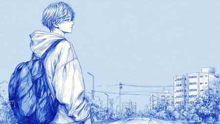 Young man walking on the street. Hand-drawn illustration in pencil.の素材