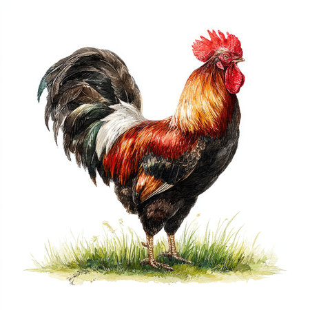 rooster isolated on white background. hand-drawn watercolor illustrationの素材