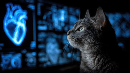 Cat looking at x-ray image of heart on the background.の素材