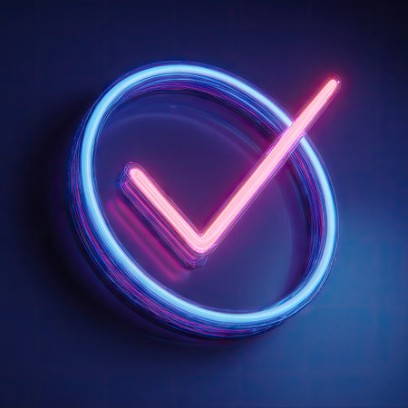 Illustration of a neon check mark on a dark background. 3d renderingの素材