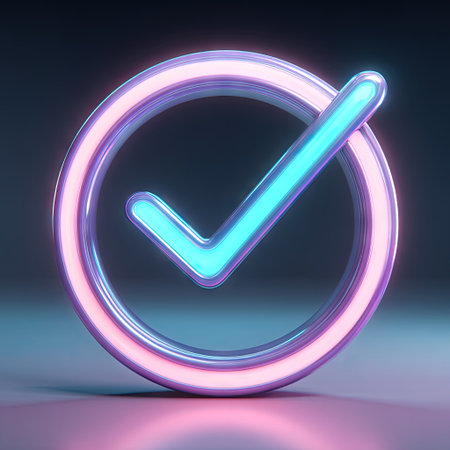 Glowing neon check mark icon on dark background. 3D renderingの素材