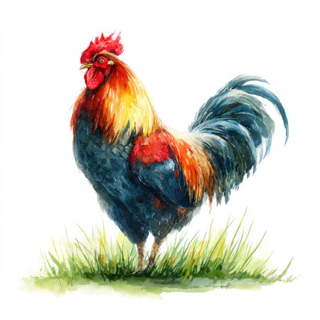 Colorful rooster isolated on white background. Watercolor hand drawn illustrationの素材
