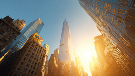 New York City Manhattan midtown skyscrapers at sunset with sunの素材