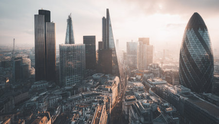 Panoramic view of the financial district of London at sunset.の素材