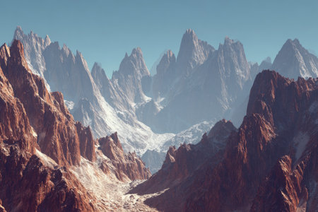 Fantasy landscape with mountains and blue sky. 3D illustration.の素材