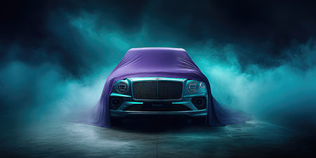 Blue car covered with a cloth in the dark. 3d renderingの素材
