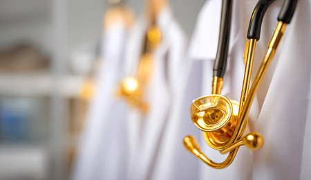 Medical stethoscope on the background of a row of white medical gownsの素材