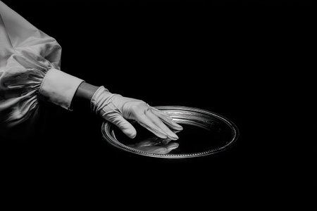 Close up of waiter's hand in white glove holding metal tray isolated on black backgroundの素材