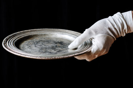 Hand in white glove holding a silver tray on a black background.の素材