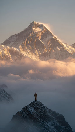 Man standing on top of a mountain in Himalayas, Nepalの素材