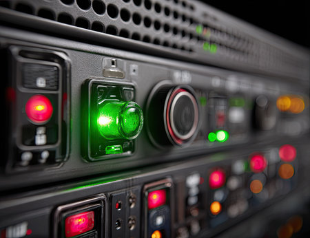 Close-up of hard drive in a server room with LED lightsの素材