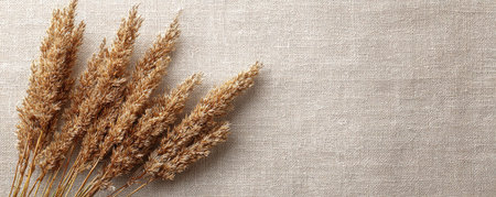 Dry spikelets on linen background, top view, copy spaceの素材