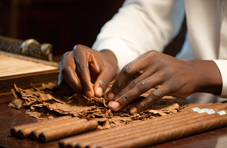 Close-up of a hand of a young African-American man making cigarsの素材