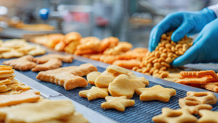 Close-up of a man's hand in a blue glove taking a cookie from a conveyor beltの素材