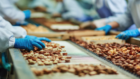 Group of people working on a production line at a confectionery factoryの素材