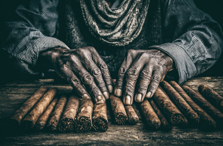 Hands of an old woman with cigars on a wooden table.の素材