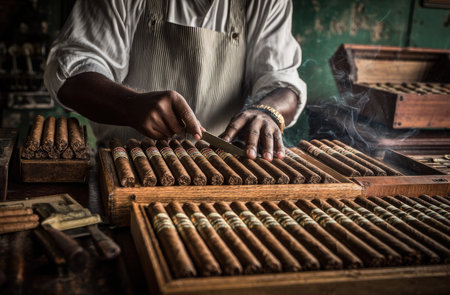 Close up of a cigar maker working in his cuban cigar shopの素材