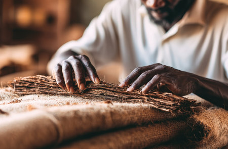 Close up of hands of african-american craftsman working in workshopの素材