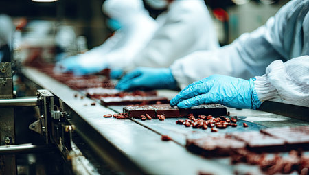 Production line of chocolate candies factory. Chocolate production line. Industrial backgroundの素材
