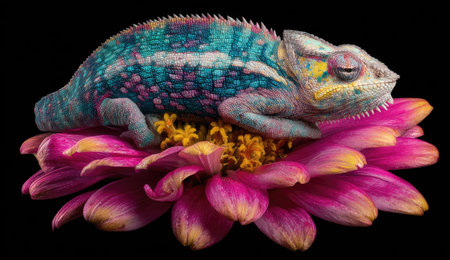 Chameleon on pink flower isolated on black background. Studio shot.の素材
