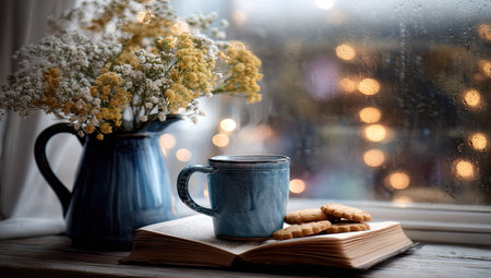 Cup of coffee, book and flowers on the windowsill.の素材