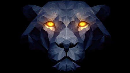 Illustration of a low poly lion head on a black background.の素材