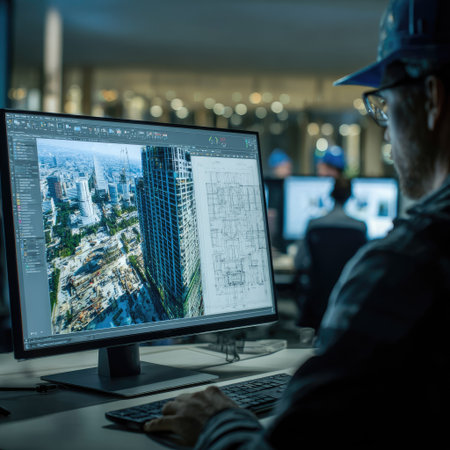 Architect working on a project on a computer in his office.の素材