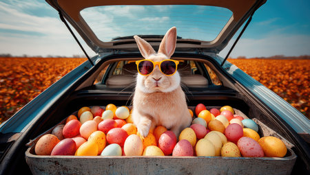Cute rabbit sitting in the trunk of a car with easter eggsの素材