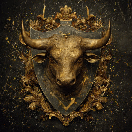 Vintage shield with bull head on grunge background. 3d renderingの素材