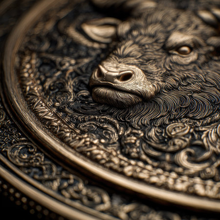 Closeup of a bronze pig head on a round metal plate.の素材