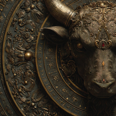 Bronze bull's head with clock. 3d rendering. Vintage background.の素材