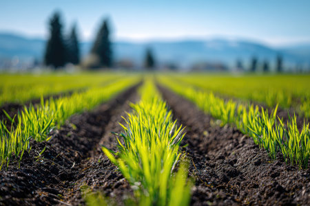 Rows of young wheat seedlings growing on a field in springの素材