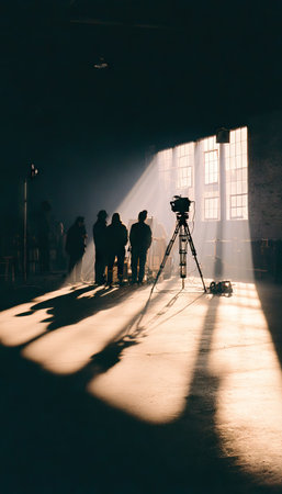 Silhouettes of photographers and videographers on a tripod in a dark roomの素材