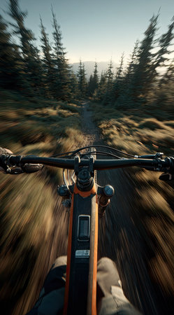 Cyclist riding a mountain bike on a forest road in motion blurの素材