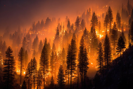 Foggy sunrise in the mountains. The fire in the forest.の素材