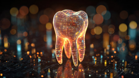 Digital tooth 3d illustration on dark background with bokeh effectの素材