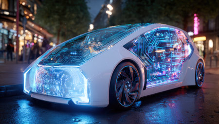 Futuristic electric car on the city street at night. Concept of future technologies.の素材