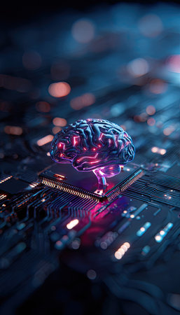 Human brain and computer circuit board. Artificial intelligence concept. 3D Renderingの素材